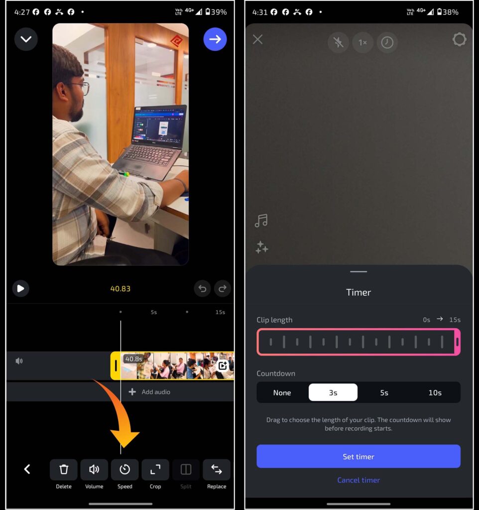 Adjust Speed or Use Timer in instagram reel