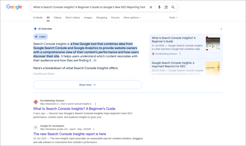 Ai traffic example in google SERP from Ai overview