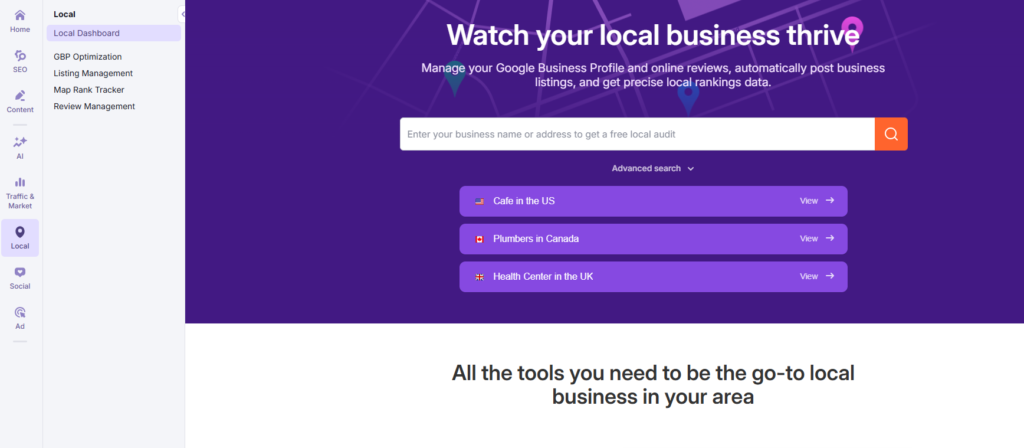 Local SEO Tools dashboard in Semrush