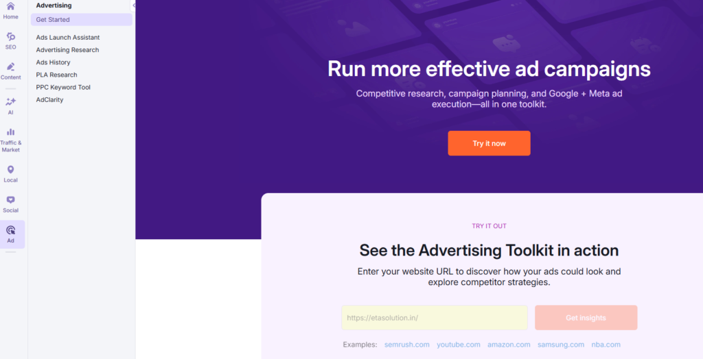 Advertising Toolkit in the semrush tool