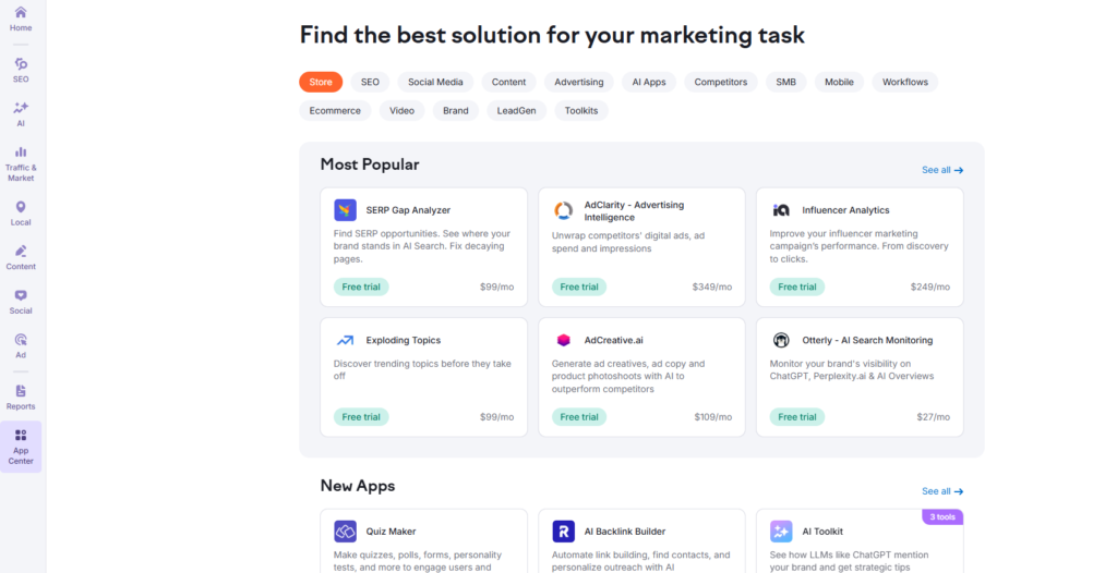 App center Dashboard in semrush tool