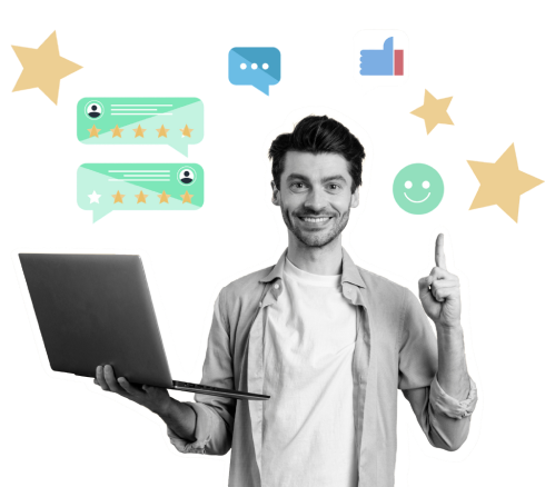 Smiling man holding laptop with star ratings and social icons around him, symbolizing positive reviews and trust—why choose RTA as the best digital marketing agency in Ahmedabad.