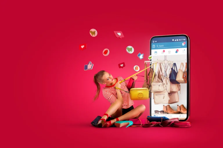 Woman interacting with handbags emerging from a smartphone screen, representing social media product marketing with digital engagement icons on a red background