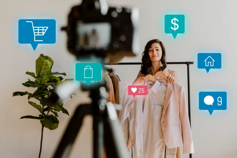 Woman showcasing clothes on camera for an e-commerce video with digital shopping icons and engagement metrics, representing online product promotion and marketing.