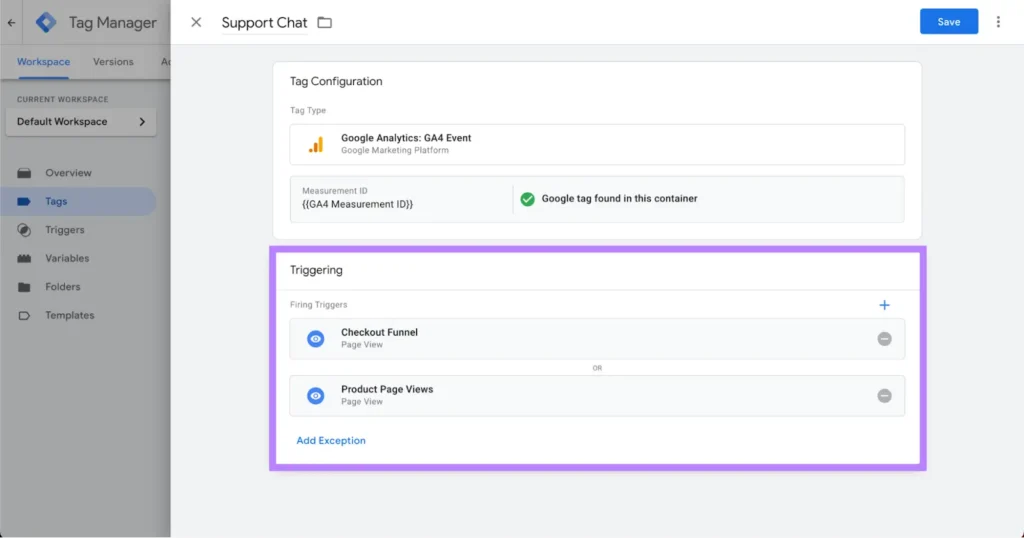 A screenshot of the Google Tag Manager interface, displaying the configuration settings for a Google Analytics GA4 Event tag. The "Triggering" section is highlighted, showing "Checkout Funnel" and "Product Page Views" as triggers for the tag.