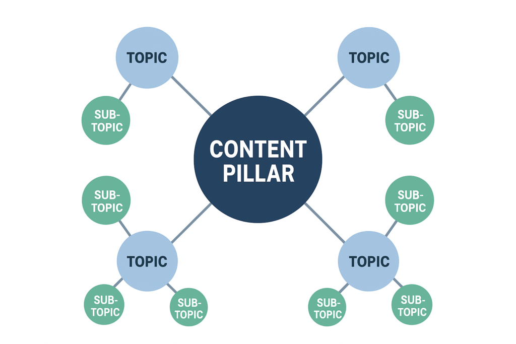 Diagram of content pillars and topic clusters showing main pillar content connected to topics and sub-topics for SEO strategy