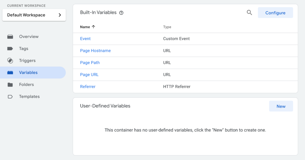 "Screenshot of Google Tag Manager 'Variables' screen showing 'Built-In Variables' like Event, Page Hostname, Page Path, Page URL, and Referrer, and an empty 'User-Defined Variables' section with a 'New' button".