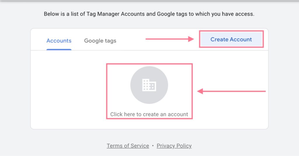Image of the Google Tag Manager interface showing the "Accounts" and "Google tags" tabs, with a highlighted "Create Account" button and a central box with a folder icon and "Click here to create an account" text, both pointed to by pink arrows. The text "Below is a list of Tag Manager Accounts and Google tags to which you have access." is at the top. The bottom includes links for "Terms of Service" and "Privacy Policy."