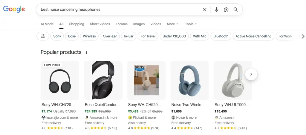Google Shopping Ads example for best noise cancelling headphones