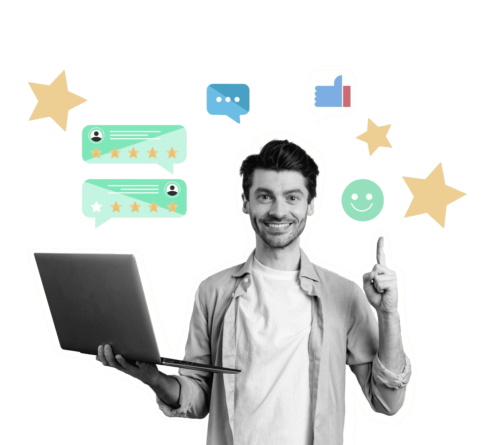 SEO expert with laptop and positive customer feedback representing the best seo company in ahmedabad